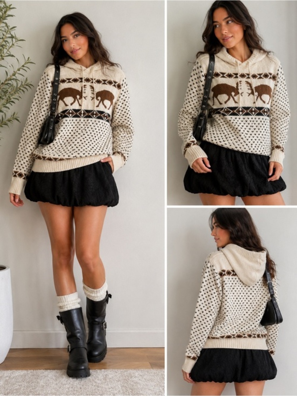 American Eagle Deer Fair Isle Hooded Sweater Cream Nordic Knit Medium Rustic